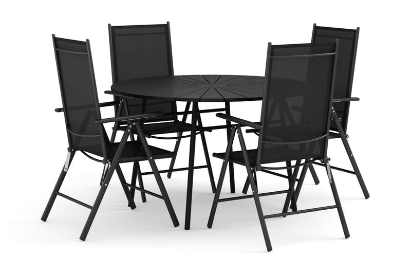 Tunis udendørs rundt spisebordssæt 120 cm med 4 Maggie positionsstole, Sort/Sort