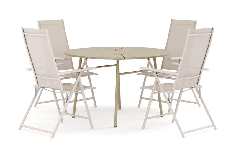 Tunis udendørs rundt spisebordssæt 120 cm med 4 Sanna positionsstole, Beige/Beige