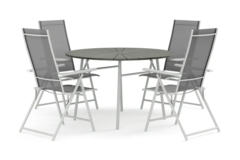 Tunis udendørs rundt spisebordssæt 120 cm med 4 Sanna positionsstole - Hvid/Grå - Havemøbler - Udendørsgruppe - Havesæt