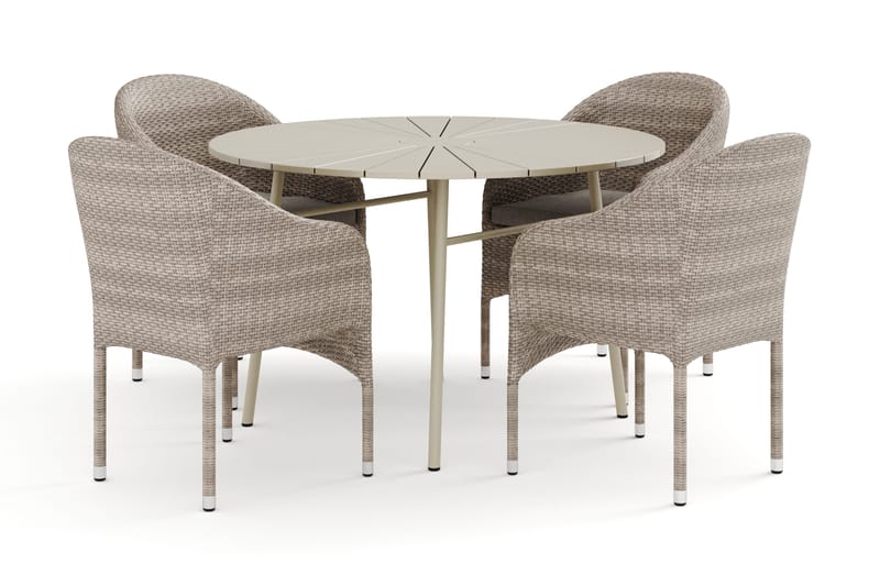 Tunis udendørs rundt spisebordssæt 120 cm med 4 Thor lænestole, Beige/Beige