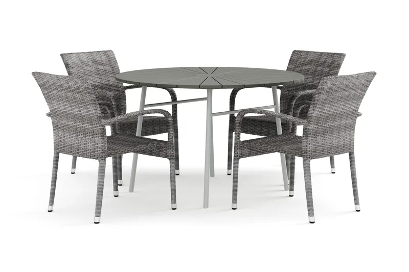 Tunis udendørs rundt spisebordssæt 120 cm med 4 Thor Light udendørslænestole, Hvid/Grå