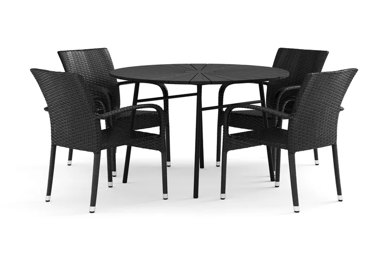 Tunis udendørs rundt spisebordssæt 120 cm med 4 Thor Light udendørslænestole - Sort/Sort - Havemøbler - Udendørsgruppe - Havesæt