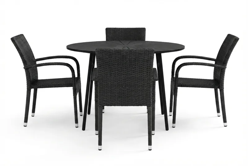 Tunis udendørs rundt spisebordssæt 120 cm med 4 Thor Light udendørslænestole - Sort/Sort - Havemøbler - Udendørsgruppe - Havesæt