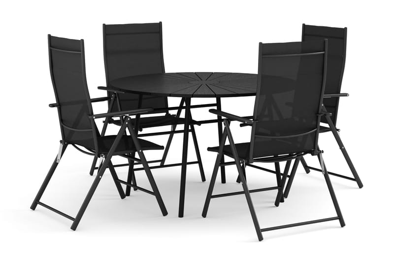 Tunis udendørs rundt spisebordssæt 120 cm med 4 positionsstole, Sort/Sort