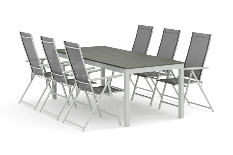 Tunis udendørs spisebordssæt, udtrækkeligt 205/305x90 cm, med 6 Sanna positionsstole - Hvid/Grå - Havemøbler - Udendørsgruppe - Havesæt