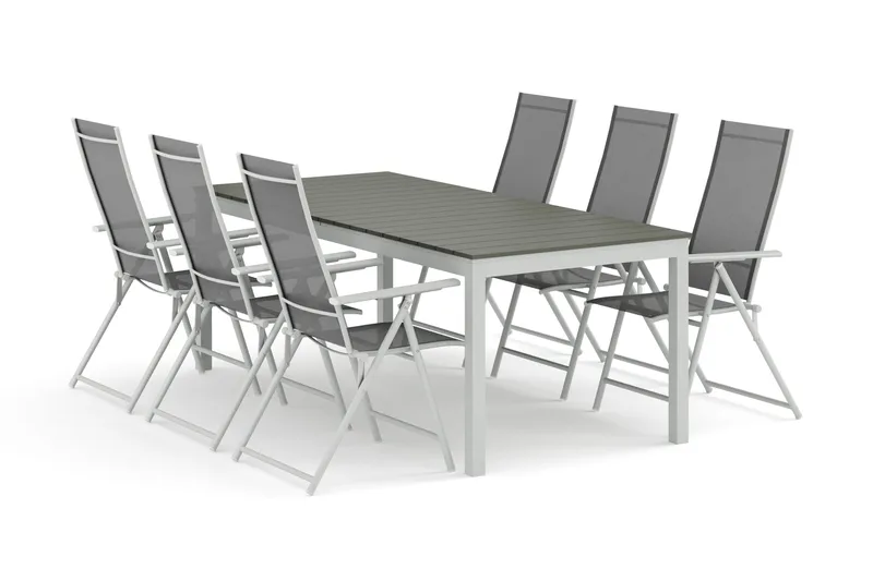 Tunis udendørs spisebordssæt, udtrækkeligt 205/305x90 cm, med 6 Sanna positionsstole, Hvid/Grå