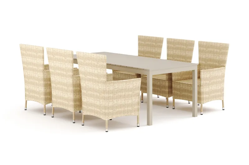 Tunis udendørs spisebordssæt, udtrækkeligt 205/305x90 cm, med 6 Thor udendørslænestole, Beige/Beige