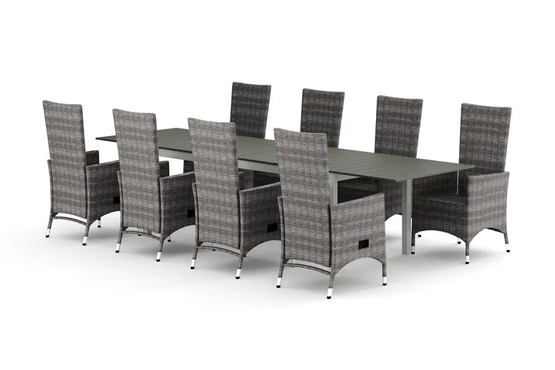 Tunis udendørs spisebordssæt, udtrækkeligt 205/305x90 cm, med 8 Jenny spisestole - Hvid/Grå - Havemøbler - Udendørsgruppe - Havesæt