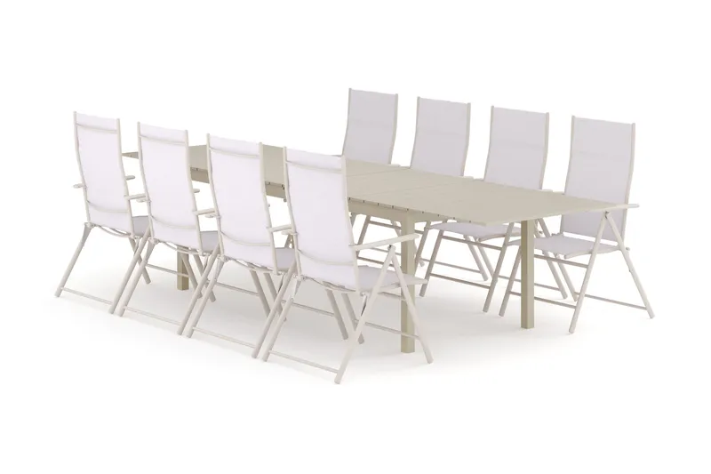 Tunis udendørs spisebordssæt, udtrækkeligt 205/305x90 cm, med 8 Sanna positionsstole, Beige/Beige