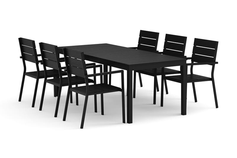 Tunis udendørs spisebordssæt, udtrækkeligt 205/305x90 cm med 6 Tunis stabelstole, Sort/Sort