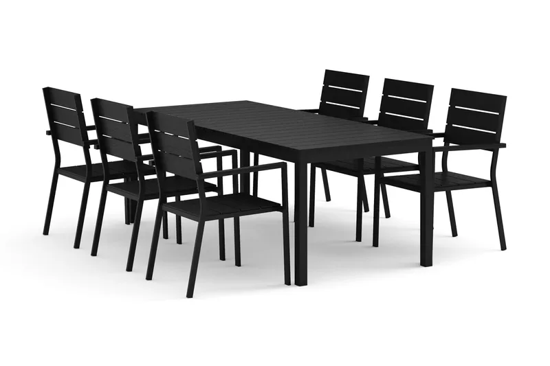 Tunis udendørs spisebordssæt, udtrækkeligt 205/305x90 cm med 6 Tunis stabelstole, Sort/Sort
