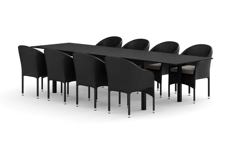 Tunis udendørs spisebordssæt, udtrækkeligt 205/305x90 cm med 8 Thor lænestole - Sort/Sort - Havemøbler - Udendørsgruppe - Havesæt