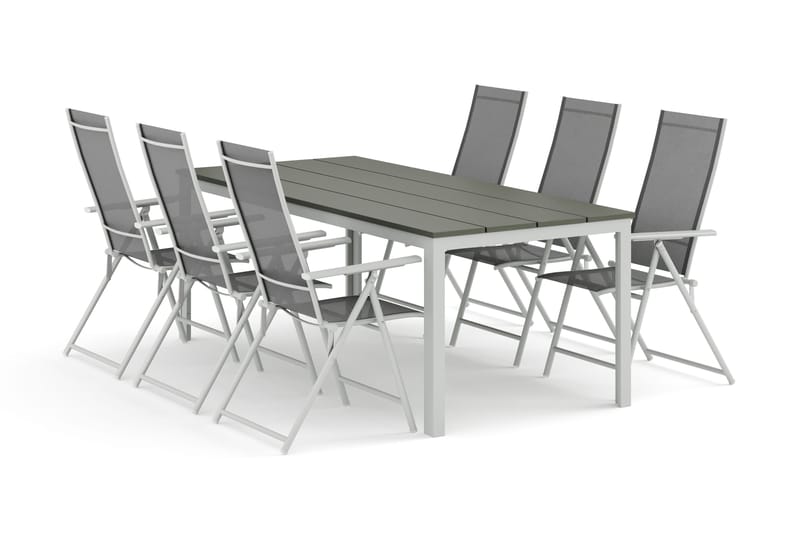 Tunis udendørs spisebordssæt 205x90 cm med 6 Sanna positionsstole - Hvid/Grå - Havemøbler - Udendørsgruppe - Havesæt