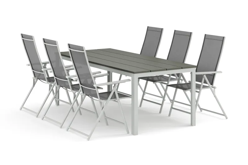 Tunis udendørs spisebordssæt 205x90 cm med 6 Sanna positionsstole, Hvid/Grå