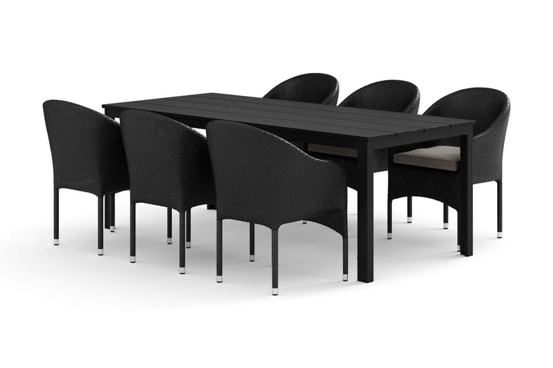 Tunis udendørs spisebordssæt 205x90 cm med 6 Thor lænestole, Sort/Sort