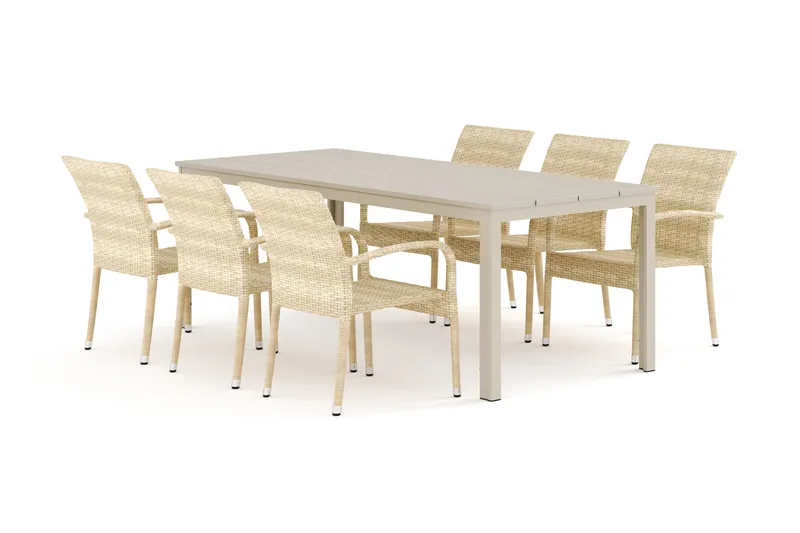Tunis udendørs spisebordssæt 205x90 cm med 6 Thor Light udendørs lænestole, Beige/Beige