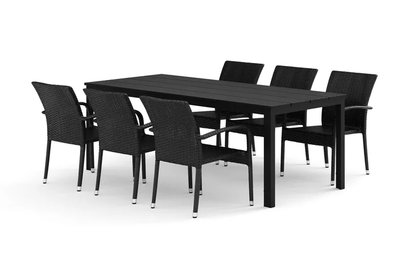 Tunis udendørs spisebordssæt 205x90 cm med 6 Thor Light udendørs lænestole, Sort/Sort