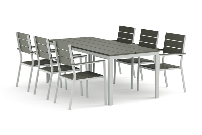 Tunis udendørs spisebordssæt 205x90 cm med 6 Tunis stabelstole, Hvid/Grå