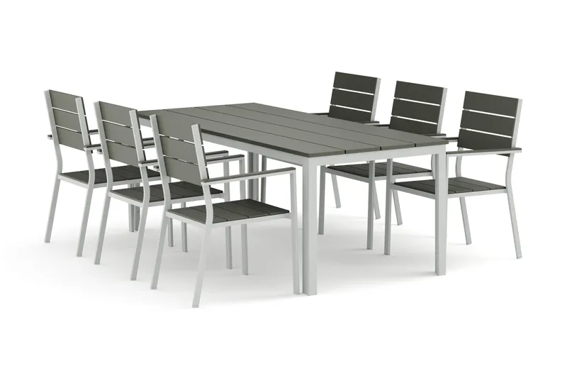 Tunis udendørs spisebordssæt 205x90 cm med 6 Tunis stabelstole, Hvid/Grå