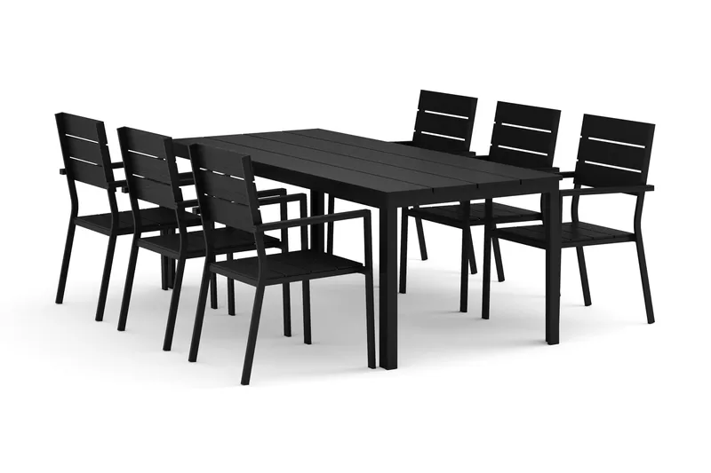 Tunis udendørs spisebordssæt 205x90 cm med 6 Tunis stabelstole - Sort/Sort - Havemøbler - Udendørsgruppe - Havesæt