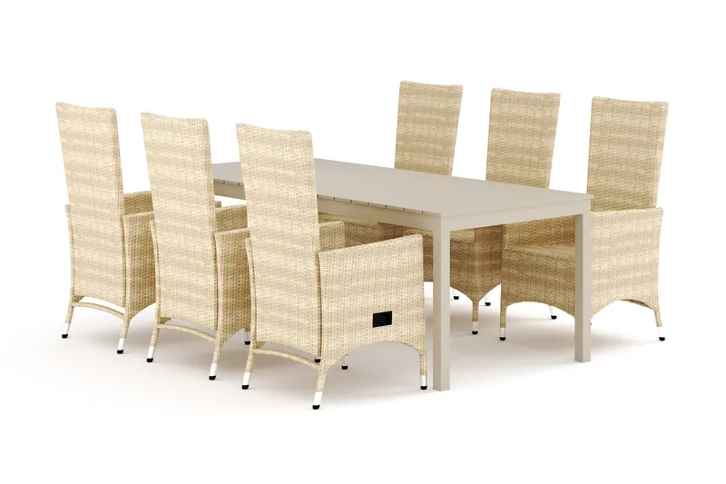 Tunis udendørs spisegruppe, udtrækbar 205/305x90 cm med 6 Jenny spisestole, Beige/Beige