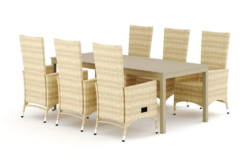 Tunis udendørs spisegruppe, udtrækbar 205/305x90 cm med 6 Jenny spisestole - Beige/Beige - Havemøbler - Udendørsgruppe - Havesæt