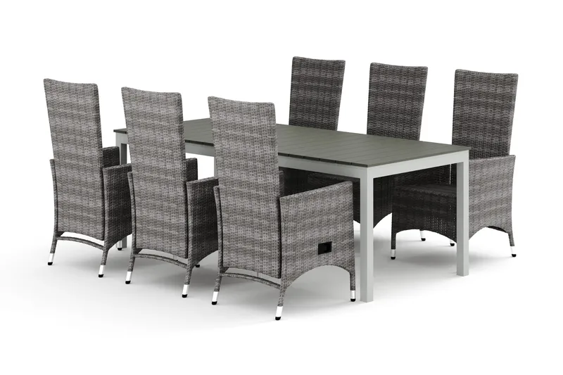 Tunis udendørs spisegruppe, udtrækbar 205/305x90 cm med 6 Jenny spisestole, Hvid/Grå