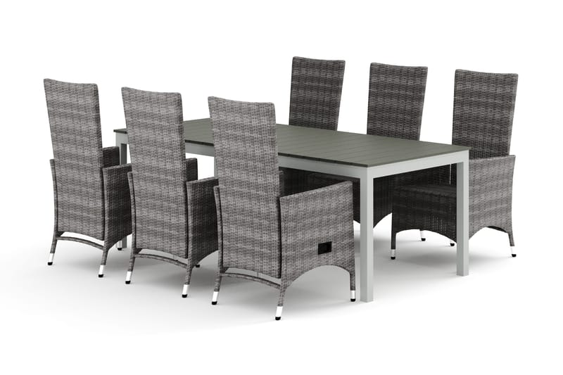 Tunis udendørs spisegruppe, udtrækbar 205/305x90 cm med 6 Jenny spisestole, Hvid/Grå