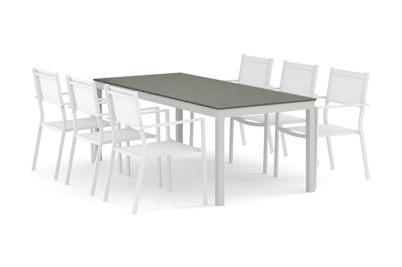 Tunis udendørs spisegruppe, udtrækbar 205/305x90 cm med 6 Tunis stabelstole, Hvid/Grå