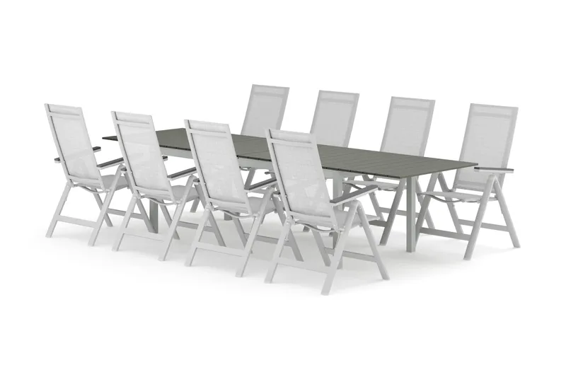Tunis udendørs spisegruppe, udtrækbar 205/305x90 cm med 8 Monaco Light positionsstole, Hvid/Grå