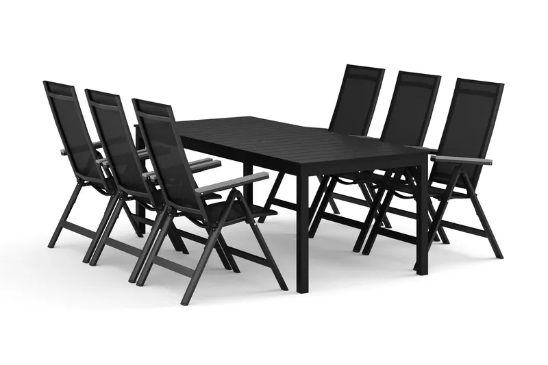Tunis udendørs spisegruppe, udtrækkelig, 205/305x90 cm med 6 Monaco Light positionsstole, Sort/Sort