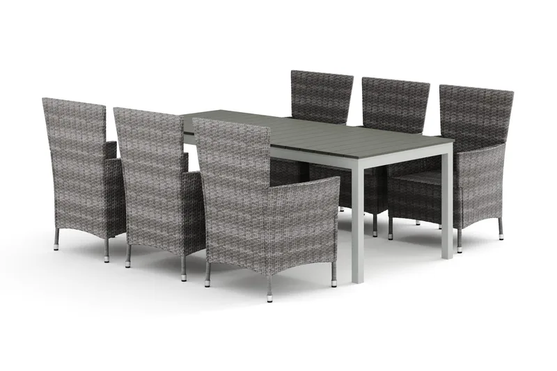 Tunis udendørs spisegruppe, udtrækkelig, 205/305x90 cm med 6 Thor udendørs lænestole, Hvid/Grå