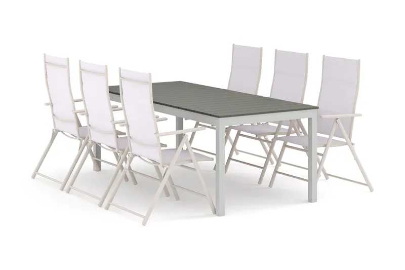 Tunis udendørs spisegruppe, udtrækkelig, 205/305x90 cm med 6 positionsstole - Hvid/Grå - Havemøbler - Udendørsgruppe - Havesæt