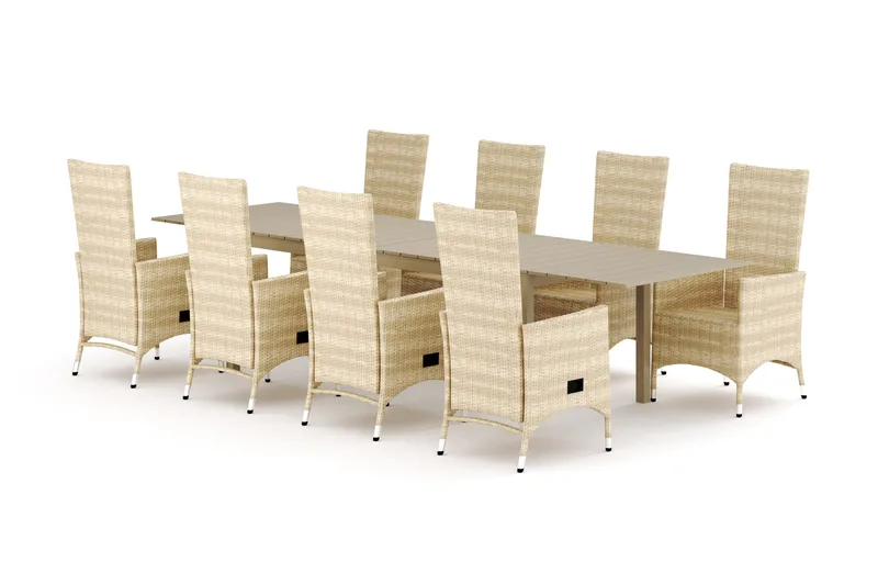 Tunis udendørs spisegruppe, udtrækkelig, 205/305x90 cm med 8 Jenny spisestole, Beige/Beige