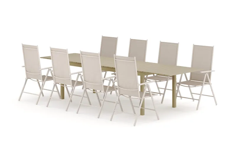 Tunis udendørs spisegruppe, udtrækkelig, 205/305x90 cm med 8 Maggie positionsstole - Beige/Beige - Havemøbler - Udendørsgruppe - Havesæt