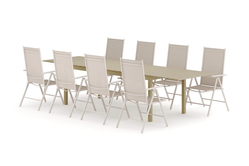 Tunis udendørs spisegruppe, udtrækkelig, 205/305x90 cm med 8 Maggie positionsstole, Beige/Beige