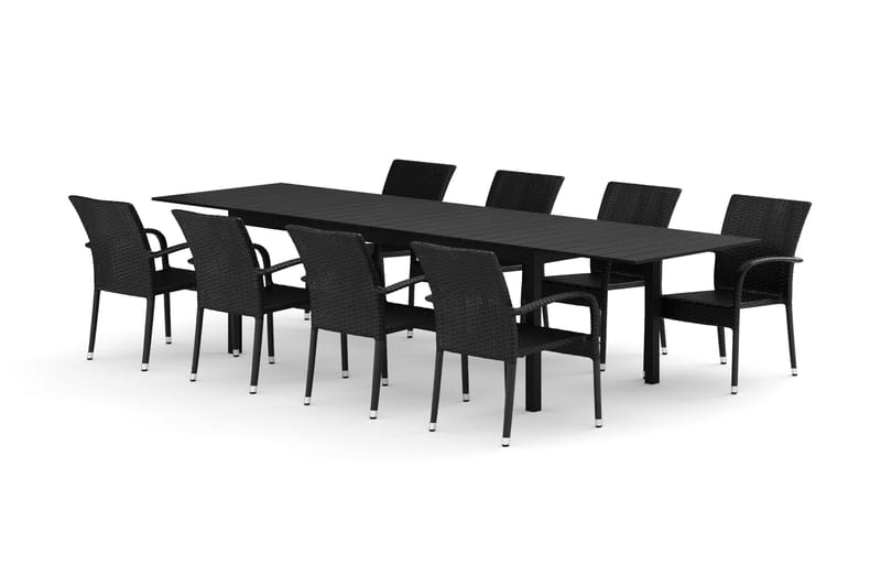 Tunis udendørs spisegruppe, udtrækkelig, 205/305x90 cm med 8 Thor Light udendørs lænestole, Sort/Sort