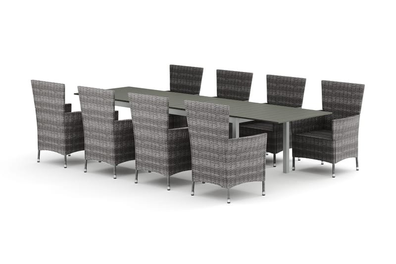 Tunis udendørs spisegruppe, udtrækkelig, 205/305x90 cm med 8 Thor udendørs lænestole, Hvid/Grå