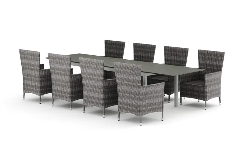 Tunis udendørs spisegruppe, udtrækkelig, 205/305x90 cm med 8 Thor udendørs lænestole, Hvid/Grå