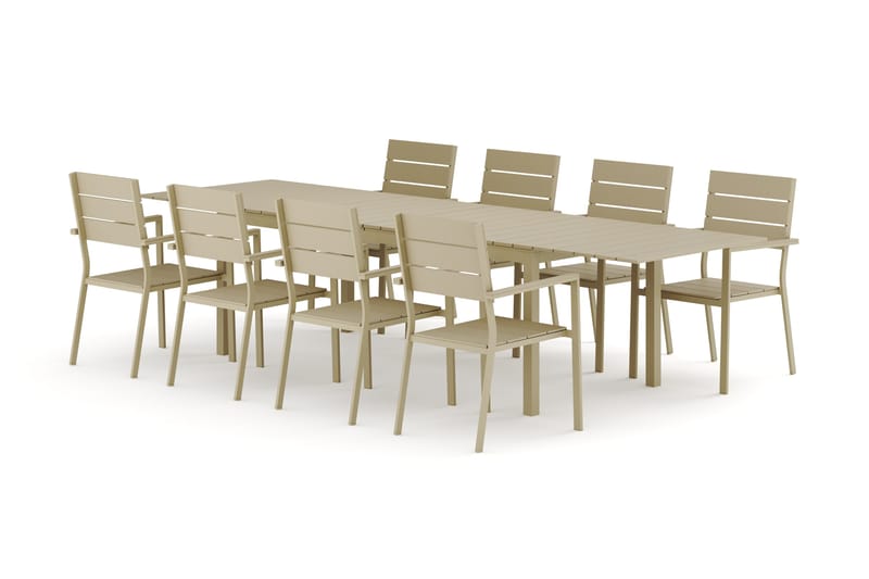 Tunis udendørs spisegruppe, udtrækkelig, 205/305x90 cm med 8 Tunis stabelstole, Beige/Beige