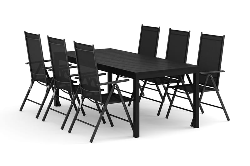 Tunis udendørs spisegruppe, udtrækkelig 205/305x90 cm med 6 Maggie positionsstole, Sort/Sort
