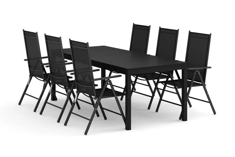 Tunis udendørs spisegruppe, udtrækkelig 205/305x90 cm med 6 Maggie positionsstole - Sort/Sort - Havemøbler - Udendørsgruppe - Havesæt