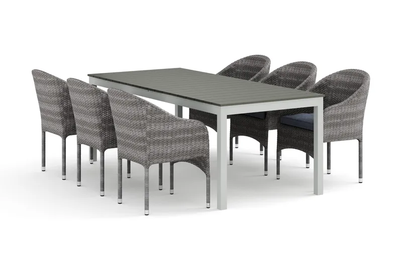 Tunis udendørs spisegruppe, udtrækkelig 205/305x90 cm med 6 Thor lænestole - Hvid/Grå - Havemøbler - Udendørsgruppe - Havesæt