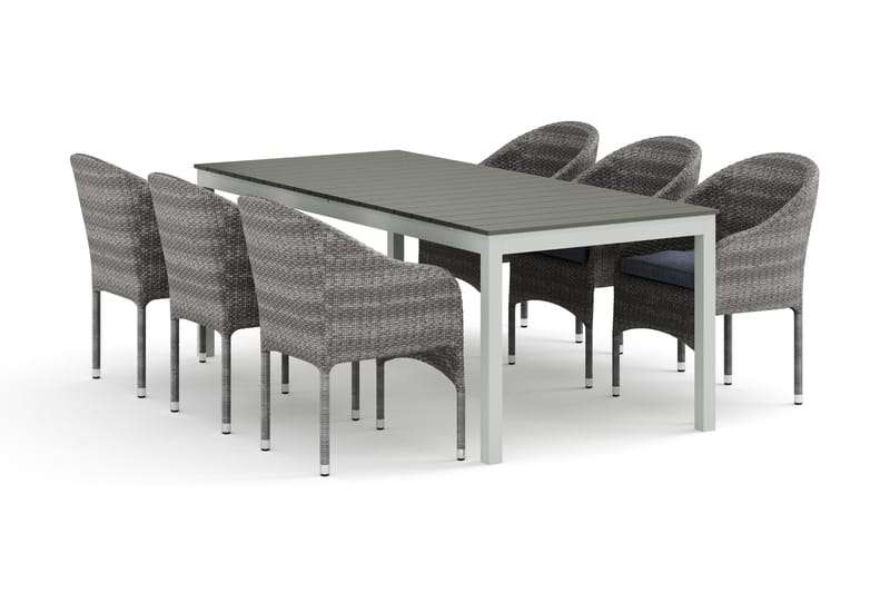 Tunis udendørs spisegruppe, udtrækkelig 205/305x90 cm med 6 Thor lænestole, Hvid/Grå