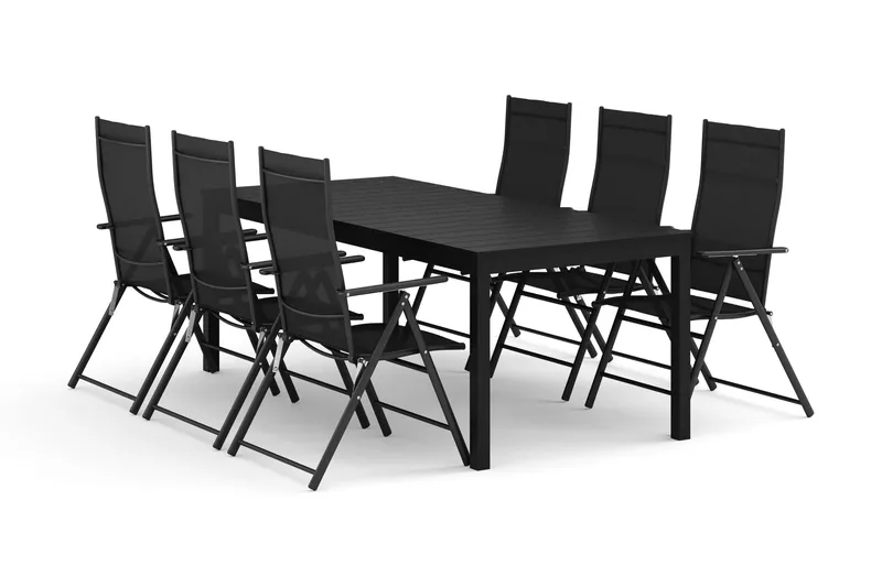 Tunis udendørs spisegruppe, udtrækkelig 205/305x90 cm med 6 positionsstole, Sort/Sort