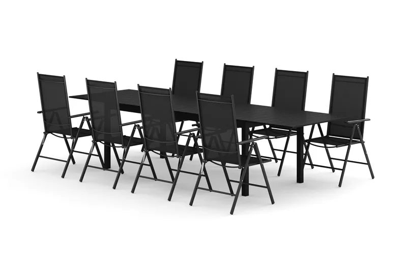 Tunis udendørs spisegruppe, udtrækkelig 205/305x90 cm med 8 Maggie positionsstole, Sort/Sort