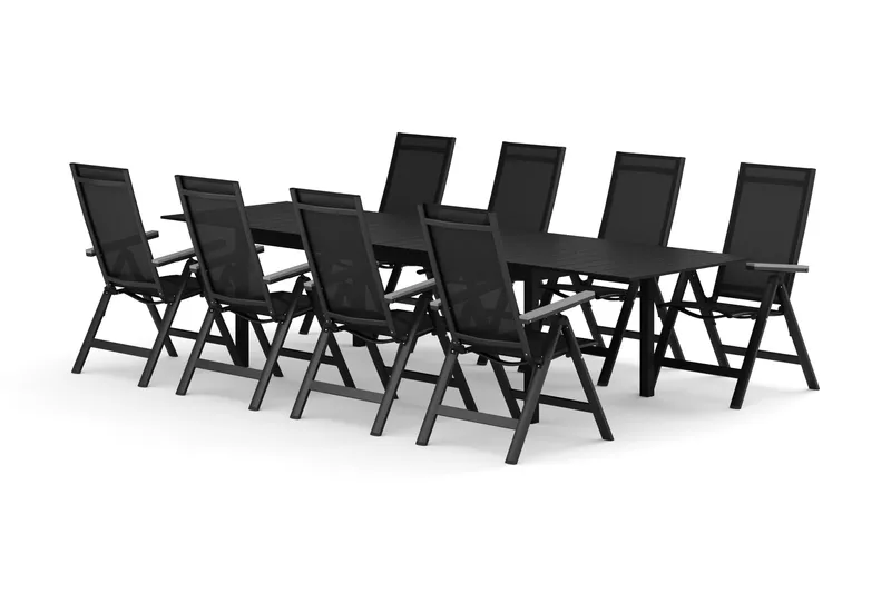 Tunis udendørs spisegruppe, udtrækkelig 205/305x90 cm med 8 Monaco Light positionsstole, Sort/Sort