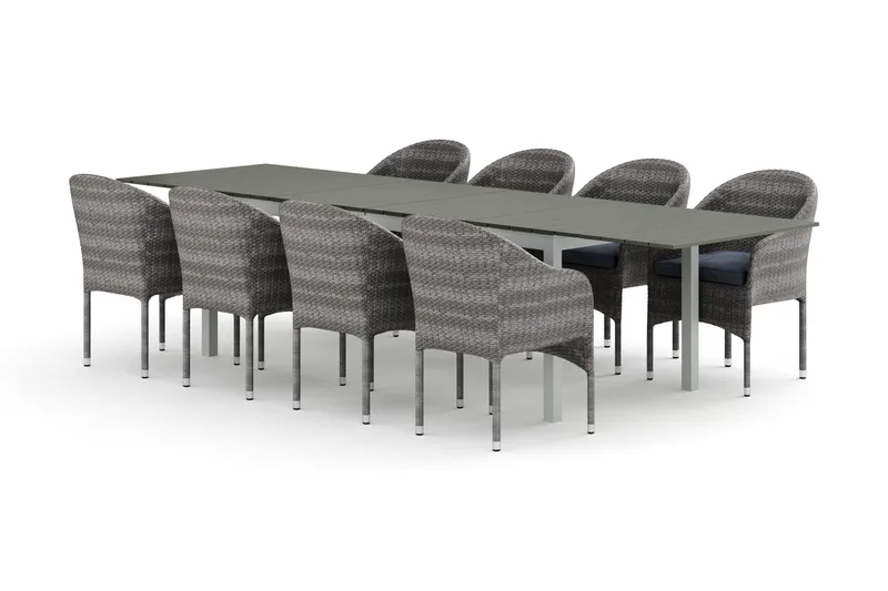 Tunis udendørs spisegruppe, udtrækkelig 205/305x90 cm med 8 Thor lænestole, Hvid/Grå