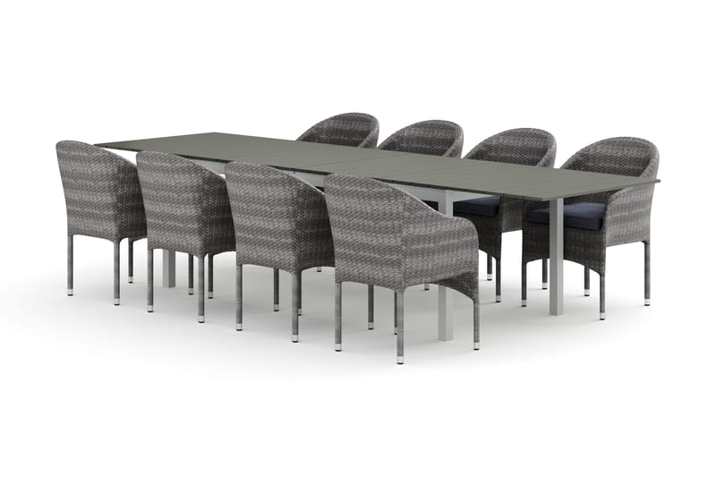 Tunis udendørs spisegruppe, udtrækkelig 205/305x90 cm med 8 Thor lænestole, Hvid/Grå