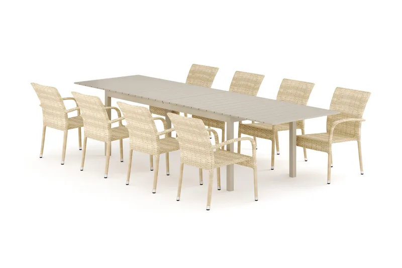 Tunis udendørs spisegruppe, udtrækkelig 205/305x90 cm med 8 Thor Light udendørs lænestole, Beige/Beige